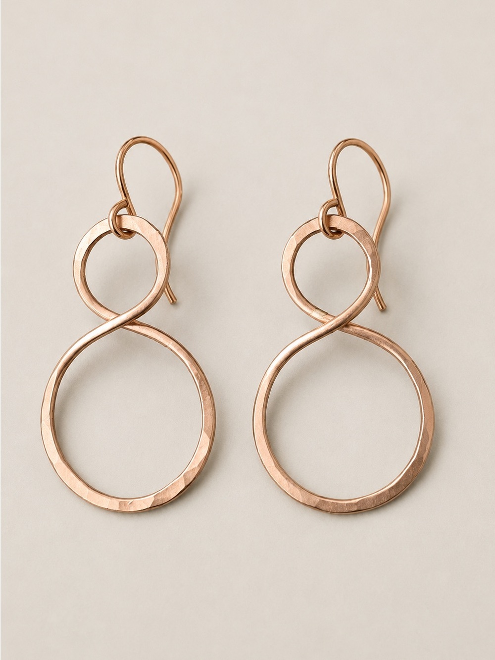 Rose Gold Tone Hammered Infinity Figure 8 Dangle Earrings
